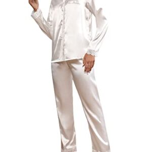 MakeMeChic Women's Satin PJ Set Silk Lace Trim Button Down Shirt and Pants Pajama Set White S