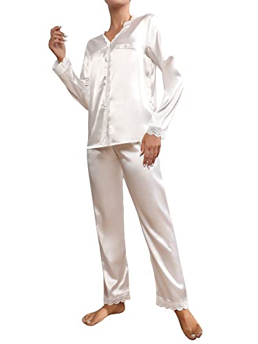 MakeMeChic Women's Satin PJ Set Silk Lace Trim Button Down Shirt and Pants Pajama Set White S