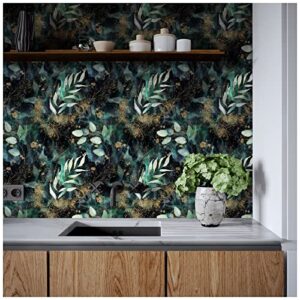 HAOKHOME 93208 Boho Peel and Stick Wallpaper Leaves Branch Removable Black/Green/Matte Gold Vinyl Self Adhesive Mural for Bedroom 17.7in x 9.8ft