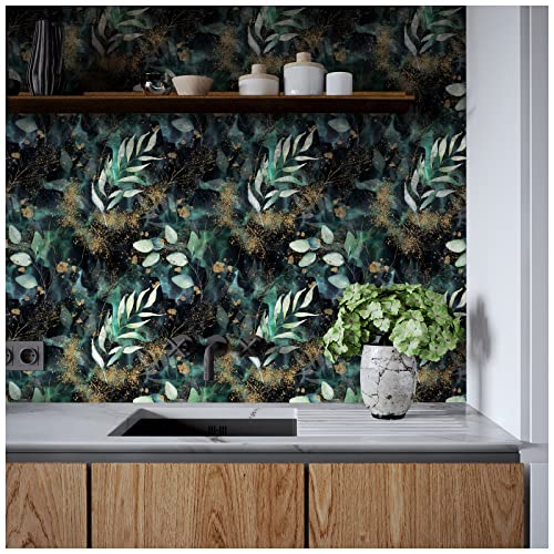 HAOKHOME 93208 Boho Peel and Stick Wallpaper Leaves Branch Removable Black/Green/Matte Gold Vinyl Self Adhesive Mural for Bedroom 17.7in x 9.8ft