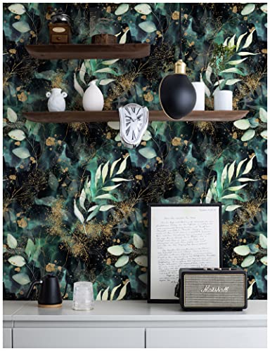 HAOKHOME 93208 Boho Peel and Stick Wallpaper Leaves Branch Removable Black/Green/Matte Gold Vinyl Self Adhesive Mural for Bedroom 17.7in x 9.8ft