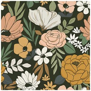 haokhome 93217 vintage large floral peel and stick wallpaper removable daisy leaf black/sand/oliva vinyl self adhesive mural 17.7in x 9.8ft