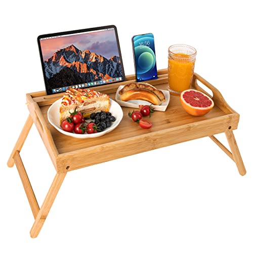 Bamboo Bed Tray,Breakfast Bed Tray with Folding Legs Large Tray with Carrying Handles Portable Lap Tray Lightweight Decorative Tray Food Tray for Breakfast in Bed,Reading or Working (20 Inch Upgrade).