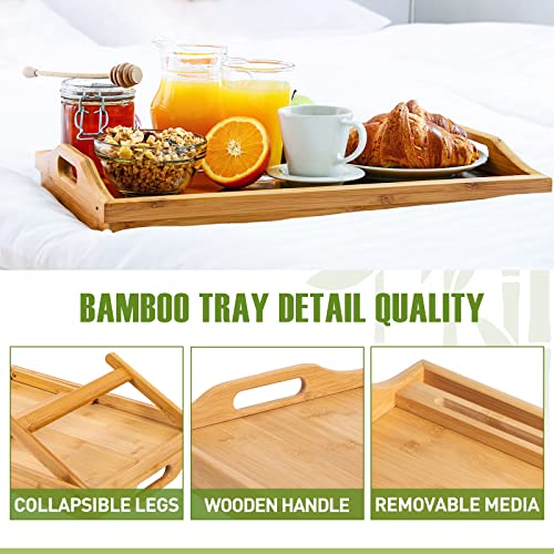 Bamboo Bed Tray,Breakfast Bed Tray with Folding Legs Large Tray with Carrying Handles Portable Lap Tray Lightweight Decorative Tray Food Tray for Breakfast in Bed,Reading or Working (20 Inch Upgrade).