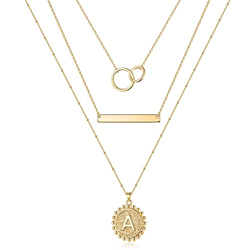 Gold Necklaces for Women, 14K Gold Plated Layering Initial Necklaces Choker Gold Chain Necklace Gold Jewelry for Women Layered Necklaces for Women Initial Pendant A Layered Gold Necklaces for Women