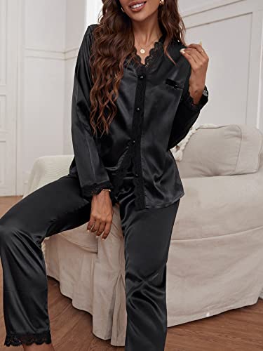 MakeMeChic Women's Satin PJ Set Silk Lace Trim Button Down Shirt and Pants Pajama Set Black XXL