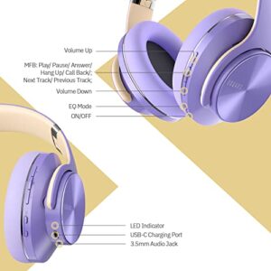 DOQAUS Bluetooth Headphones Over Ear, 52 Hours Playtime Wireless Headphones with 3 EQ Modes, Noise Isolating HiFi Stereo Headphones with Deep Bass, Microphone, Soft Earpads for Cellphone/PC (Purple)