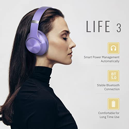 DOQAUS Bluetooth Headphones Over Ear, 52 Hours Playtime Wireless Headphones with 3 EQ Modes, Noise Isolating HiFi Stereo Headphones with Deep Bass, Microphone, Soft Earpads for Cellphone/PC (Purple)