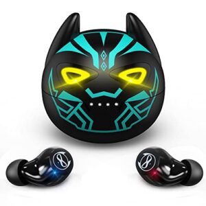 togetface kids wireless earbuds for small ears, touch control headset stereo sound in-ear headphones, bluetooth 5.1 noise reduction earphones with black blue cartoon blinking eyes charging case