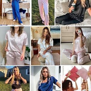 Ekouaer Women Silk Satin Pajamas Sets Round Neck Soft Pjs Set Summer Nightwear Short Sleeve Sleepwear Champagne