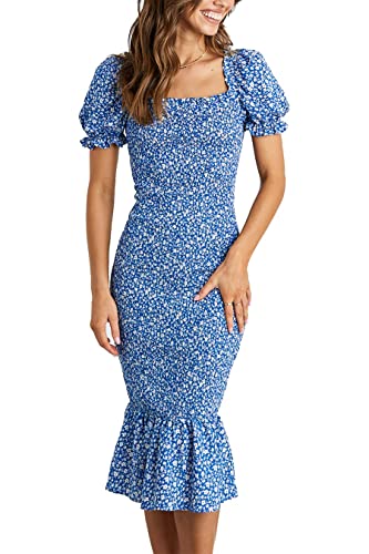 PRETTYGARDEN Women's Summer Floral Midi Bodycon Dresses Short Puff Sleeve Square Neck Ruffle Hem Mermaid Cocktail Dress (Blue,Medium)