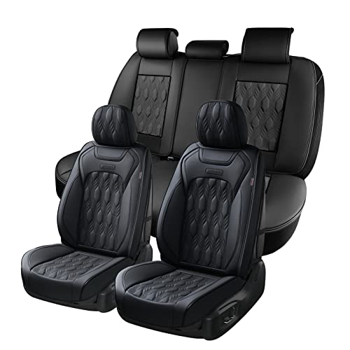 Coverado Car Seat Covers, Premium Nappa Leather Auto Seat Cushions Full Set with Embossed Pattern, Universal Fit Interior Accessories for Most Cars, Sedans, SUVs and Trucks, Black (Black, FullSet)