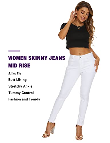 LICTZNEE Womens Skinny Jeans Mid Rise, Denim Stretchy Jeggings Butt Lifting Pants with Pockets White(10)