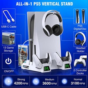 PS5 Stand Cooling Fan with 4 Gears, Dual Fast PS5 Controller Charging Station with 13 Game Storage, PS5 Cooling Station PS5 Accessories Vertical Stand for Sony Playstation 5 Digital/Disc Edition