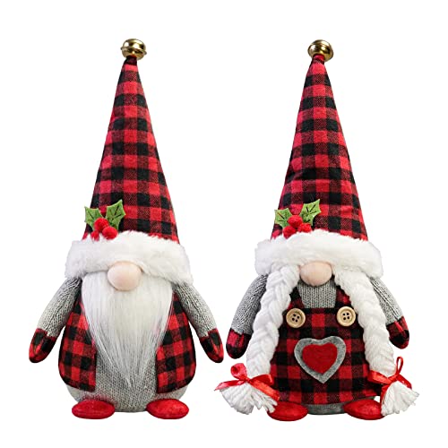 Christmas Gnomes Plush with Red Buffalo Check,2 Pack Handmade Christmas Valentine Tomte Swedish Scandinavian Figurine Nordic Gnomes Plush Christmas Elf Doll Xmas Ornaments for Home Decor