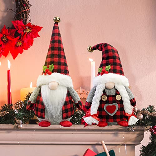 Christmas Gnomes Plush with Red Buffalo Check,2 Pack Handmade Christmas Valentine Tomte Swedish Scandinavian Figurine Nordic Gnomes Plush Christmas Elf Doll Xmas Ornaments for Home Decor
