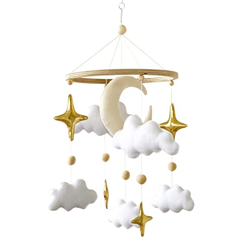 Handmade Baby Mobile for Crib - Modern Boho Baby Mobile - Nursery Mobile for Girl or Boy - White Clouds - Gold Stars - Beige Moon