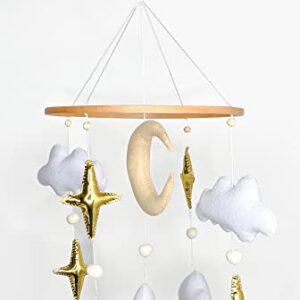 Handmade Baby Mobile for Crib - Modern Boho Baby Mobile - Nursery Mobile for Girl or Boy - White Clouds - Gold Stars - Beige Moon