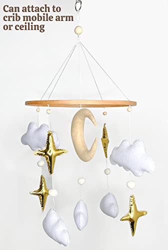 Handmade Baby Mobile for Crib - Modern Boho Baby Mobile - Nursery Mobile for Girl or Boy - White Clouds - Gold Stars - Beige Moon