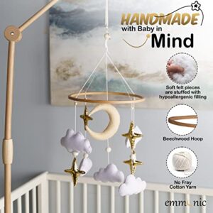 Handmade Baby Mobile for Crib - Modern Boho Baby Mobile - Nursery Mobile for Girl or Boy - White Clouds - Gold Stars - Beige Moon