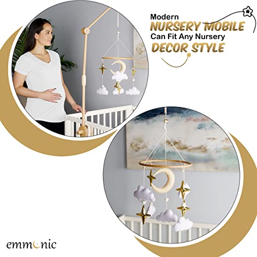 Handmade Baby Mobile for Crib - Modern Boho Baby Mobile - Nursery Mobile for Girl or Boy - White Clouds - Gold Stars - Beige Moon