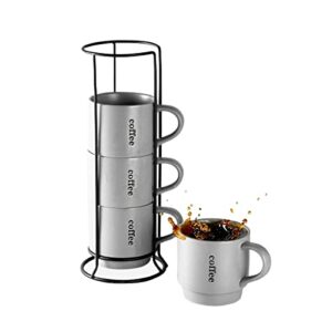 lauchuh stackable coffee mug set with rack - 15 ounce porcelain coffee mugs for coffee, tea, cocoa, milk, set of 4, grey