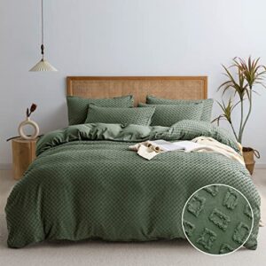jellymoni green duvet cover queen size - soft microfiber queen duvet cover set with zipper closure & corner ties, 3 pieces rectangle embroidery tufted bedding set for all seasons (no comforter)