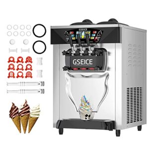 gseice 2500w commercial ice cream maker machine, 6.8-8.4 gal/h soft serve machine with precooling & refrigeration at night, fda approve led panel, 2+1 flavors soft serve ice cream maker with two 6l hoppers 2.0l cylinders puffing shortage alarm, 9 magic he