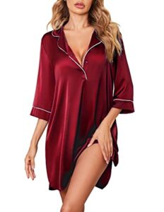 ekouaer sexy v neck satin nightgowns silk 3/4 sleeve sleepshirt button down boyfriend nightshirt bridesmaid sleepwear wine red l