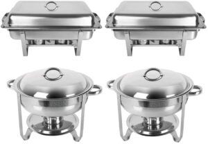 rovsun chafing dish buffet set,2 round + 2 rectangular stainless steel chaffing dishes silver,catering warmer set food warmer with thick stand frame,food pans for dinner parties buffets
