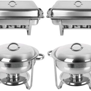 ROVSUN Chafing Dish Buffet Set,2 Round + 2 Rectangular Stainless Steel Chaffing Dishes Silver,Catering Warmer Set Food Warmer with Thick Stand Frame,Food Pans for Dinner Parties Buffets