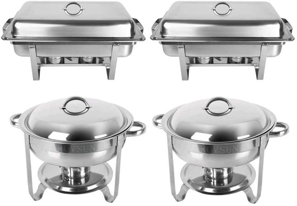 ROVSUN Chafing Dish Buffet Set,2 Round + 2 Rectangular Stainless Steel Chaffing Dishes Silver,Catering Warmer Set Food Warmer with Thick Stand Frame,Food Pans for Dinner Parties Buffets