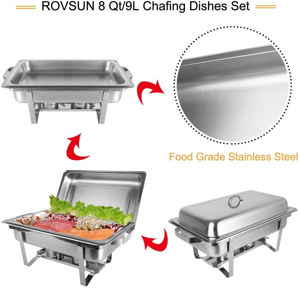 ROVSUN Chafing Dish Buffet Set,2 Round + 2 Rectangular Stainless Steel Chaffing Dishes Silver,Catering Warmer Set Food Warmer with Thick Stand Frame,Food Pans for Dinner Parties Buffets