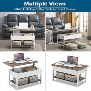 VINGLI 36" Lift Top Coffee Table with Free Cloth Storage Bins, White Walnut Framhouse Coffee Table for Living Room, Small Modern Coffee Table for Small Space in Minimalistic Style, Dark Walnut