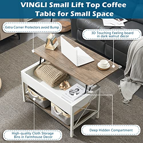 VINGLI 36" Lift Top Coffee Table with Free Cloth Storage Bins, White Walnut Framhouse Coffee Table for Living Room, Small Modern Coffee Table for Small Space in Minimalistic Style, Dark Walnut