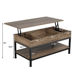 EROMMY Lift Top Coffee Table, 38'' Coffee Table with Open Shelf and Hidden Compartment, Rustic Wood Rising Tabletop Dining Table for Living Room, Pop-Up Center Table with Adjustable Feet, Rustic Gray