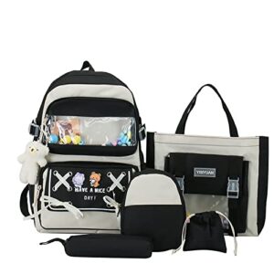 duobaoyu 5pcs kawaii backpack set with cute pendants and pins accessories aesthetic rucksack for teen girls 17in cute school bags bookbag with shoulder bag,pencil box,tote bag,small bag,black