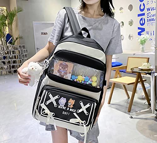 DUOBAOYU 5PCS Kawaii Backpack Set with Cute Pendants and Pins Accessories Aesthetic Rucksack for Teen Girls 17in Cute School Bags Bookbag with Shoulder Bag,Pencil Box,Tote Bag,Small Bag,Black