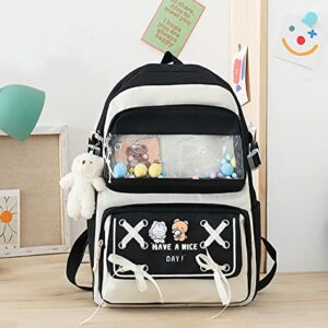 DUOBAOYU 5PCS Kawaii Backpack Set with Cute Pendants and Pins Accessories Aesthetic Rucksack for Teen Girls 17in Cute School Bags Bookbag with Shoulder Bag,Pencil Box,Tote Bag,Small Bag,Black