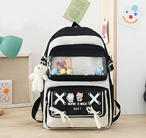 DUOBAOYU 5PCS Kawaii Backpack Set with Cute Pendants and Pins Accessories Aesthetic Rucksack for Teen Girls 17in Cute School Bags Bookbag with Shoulder Bag,Pencil Box,Tote Bag,Small Bag,Black