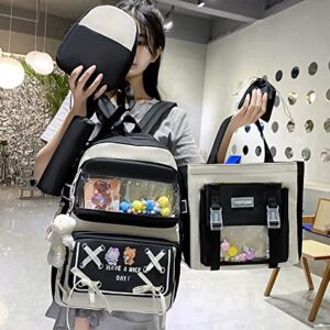 DUOBAOYU 5PCS Kawaii Backpack Set with Cute Pendants and Pins Accessories Aesthetic Rucksack for Teen Girls 17in Cute School Bags Bookbag with Shoulder Bag,Pencil Box,Tote Bag,Small Bag,Black