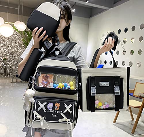 DUOBAOYU 5PCS Kawaii Backpack Set with Cute Pendants and Pins Accessories Aesthetic Rucksack for Teen Girls 17in Cute School Bags Bookbag with Shoulder Bag,Pencil Box,Tote Bag,Small Bag,Black