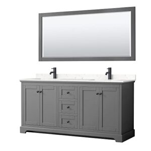wyndham collection avery 72 inch double bathroom vanity in dark gray, light-vein carrara cultured marble countertop, undermount square sinks, matte black trim, 70 inch mirror