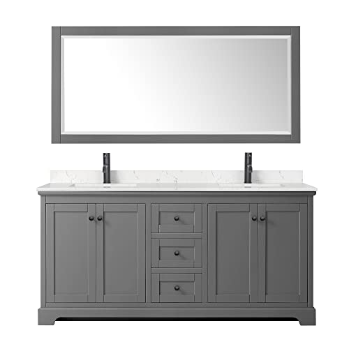 Wyndham Collection Avery 72 Inch Double Bathroom Vanity in Dark Gray, Light-Vein Carrara Cultured Marble Countertop, Undermount Square Sinks, Matte Black Trim, 70 Inch Mirror