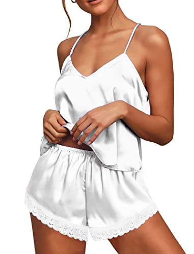 Ekouaer Silk Pajama Set for Women Soft Lingerie Lace Satin Sleepwear V-neck Cami Nightwear, White Small