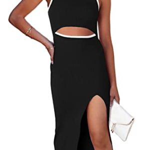 PRETTYGARDEN Women's Summer Midi Bodycon Dresses Casual Crew Neck Side Slit Sleeveless Knit Cut Out Tank Top Dress (Z-Black,Small)