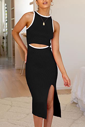 PRETTYGARDEN Women's Summer Midi Bodycon Dresses Casual Crew Neck Side Slit Sleeveless Knit Cut Out Tank Top Dress (Z-Black,Small)