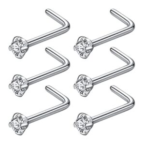 blessmylove 6pcs 18g 2.0mm clear cz 316l surgical steel silver nose rings studs l-shape nose nostrial piercing body jewerly l shaped nose studs for women 18 gauge 2.0mm cubic zirconia stainless steel nose rings