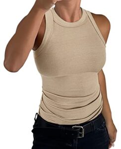 gembera womens sleeveless racerback high neck casual basic cotton ribbed fitted tank top beige tan nude xl