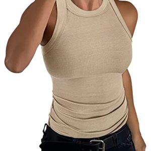 GEMBERA Womens Sleeveless Racerback High Neck Casual Basic Cotton Ribbed Fitted Tank Top Beige Tan Nude XL